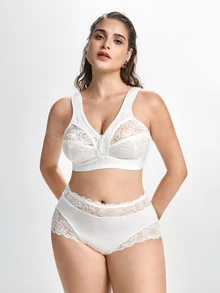 Slumbrini Plus Size Women's Wireless Bra, Breathable Non-Slip Lace Patchwork Lift & Support, Adjustable Straps, Seamless For Daily Wear - White - View 4