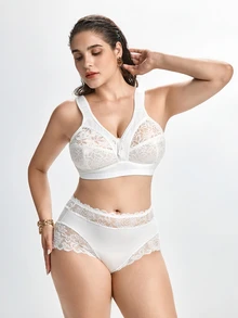 Slumbrini Plus Size Women's Wireless Bra, Breathable Non-Slip Lace Patchwork Lift & Support, Adjustable Straps, Seamless For Daily Wear - White - View 6