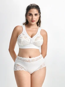 Slumbrini Plus Size Women's Wireless Bra, Breathable Non-Slip Lace Patchwork Lift & Support, Adjustable Straps, Seamless For Daily Wear - White - View 8