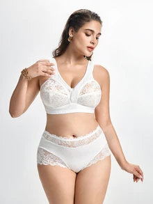Slumbrini Plus Size Women's Wireless Bra, Breathable Non-Slip Lace Patchwork Lift & Support, Adjustable Straps, Seamless For Daily Wear - White - View 5