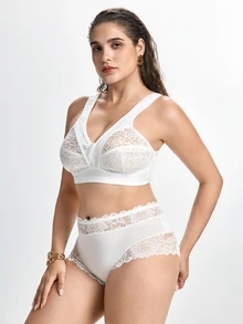 Slumbrini Plus Size Women's Wireless Bra, Breathable Non-Slip Lace Patchwork Lift & Support, Adjustable Straps, Seamless For Daily Wear - White - View 2