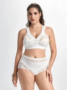 Slumbrini Plus Size Women's Wireless Bra, Breathable Non-Slip Lace Patchwork Lift & Support, Adjustable Straps, Seamless For Daily Wear - White - View 9