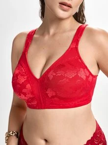 Slumbrini Plus Size Wireless Soft Comfortable Jacquard Full Coverage Unpadded Everyday Bra - Red - View 7