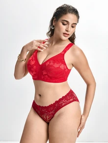 Slumbrini Plus Size Wireless Soft Comfortable Jacquard Full Coverage Unpadded Everyday Bra - Red - View 6