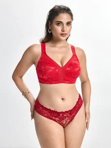 Slumbrini Plus Size Wireless Soft Comfortable Jacquard Full Coverage Unpadded Everyday Bra - Red - View 5