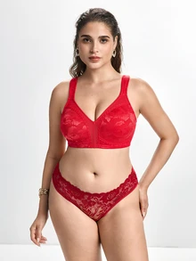 Slumbrini Plus Size Wireless Soft Comfortable Jacquard Full Coverage Unpadded Everyday Bra - Red - View 4