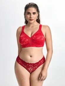 Slumbrini Plus Size Wireless Soft Comfortable Jacquard Full Coverage Unpadded Everyday Bra - Red - View 9