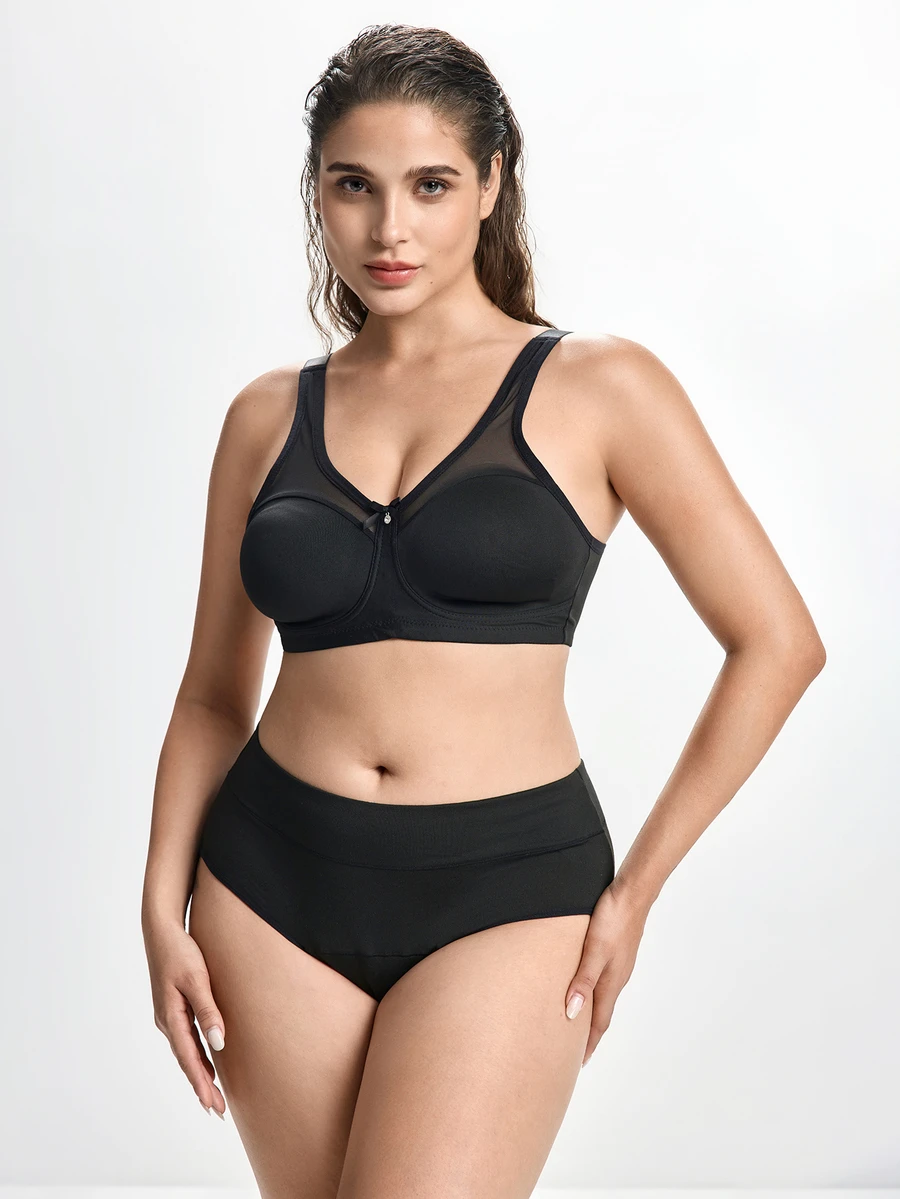 Slumbrini Plus Size Solid Color Wireless Comfortable Soft Cup Sports Bra For Women - Black - View 1