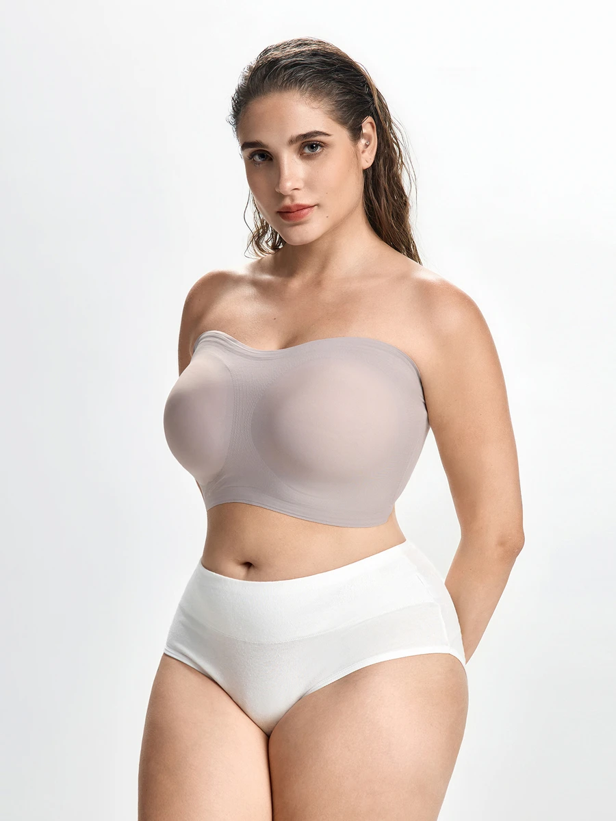 Slumbrini Women's Plus Size Khaki Bandeau Bra, Skin-Friendly Strapless Bra For Large Bust, Thin Design, Anti-Slip Bustier, Side-Boob Coverage, Lift And Anti-Sag, Wireless Bandeau Bra