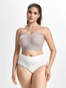 Slumbrini Women's Plus Size Khaki Bandeau Bra, Skin-Friendly Strapless Bra For Large Bust, Thin Design, Anti-Slip Bustier, Side-Boob Coverage, Lift And Anti-Sag, Wireless Bandeau Bra - Khaki - View 8