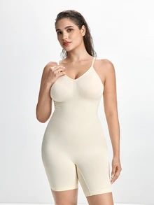 Slumbrini 1pc Plus Size Women Backless Sexy Micro Shaping Bodysuit, Summer - Apricot - View 5