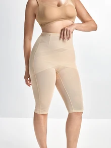 Slumbrini 1pc Plus Size Women's Shaping Panties, Tummy Control, Waist Cincher, Butt Lifting, Double Layer Cross Design, Hollow Mesh - Apricot - View 4
