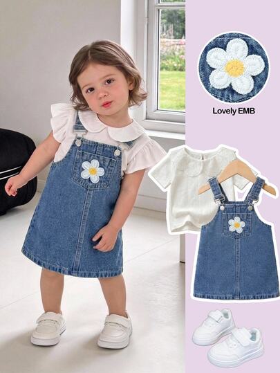 SHEIN Baby Girl Basic Cute Floral Patch Blue Denim Loose Dress,Fall/Winter,For Baby Back To School Clothes,Christmas Clothes,Birthday Dress,Toddler Dress