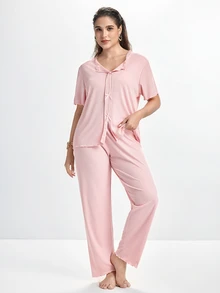 Slumbrini New Pink 2 Pieces Casual Comfortable Loungewear Pajama Set - Pink - View 3