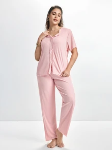 Slumbrini New Pink 2 Pieces Casual Comfortable Loungewear Pajama Set - Pink - View 1