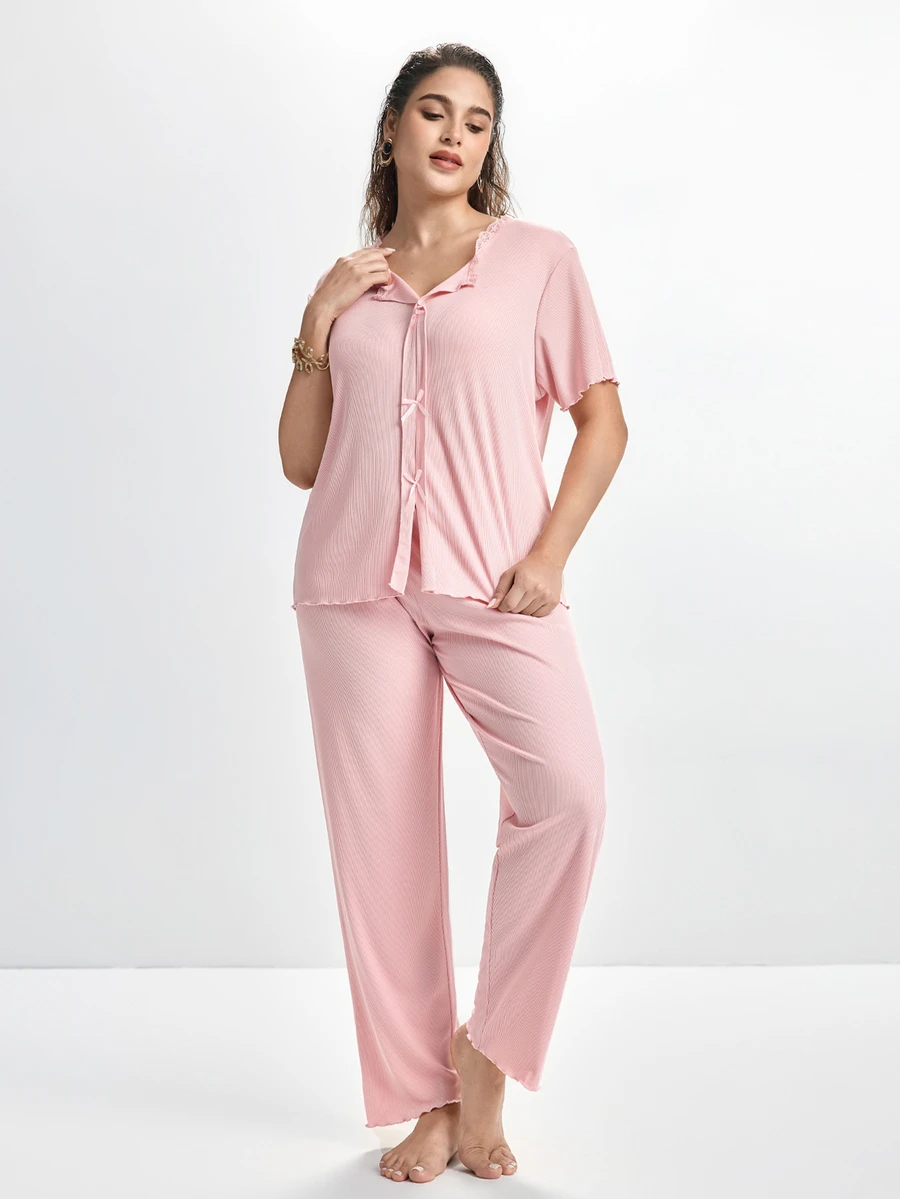 Slumbrini New Pink 2 Pieces Casual Comfortable Loungewear Pajama Set - Pink - View 1
