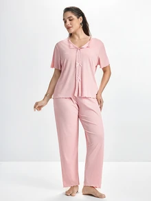 Slumbrini New Pink 2 Pieces Casual Comfortable Loungewear Pajama Set - Pink - View 4