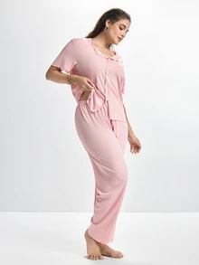 Slumbrini New Pink 2 Pieces Casual Comfortable Loungewear Pajama Set - Pink - View 5