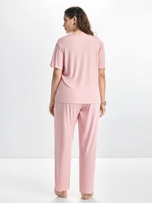 Slumbrini New Pink 2 Pieces Casual Comfortable Loungewear Pajama Set - Pink - View 2