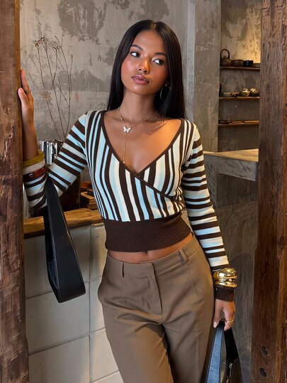 SHEIN BAE Autumn/Winter Fashion New Colorblock Versatile Casual Unisex Vacation Slouchy Cinched Waist Wrap V-Neck Striped Knit Top