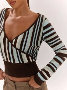 SHEIN BAE 秋冬拼色休閒復古 80 年代與 90 年代 70 年代度假風鬆弛收腰圍裹式 V 領棕色條紋針織上衣 外出穿搭 - 彩色 - 查看 9