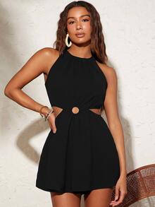 Travachic Women's 100% Cotton Sexy Cutout Ruched Romper For Vacation - Black - View 3