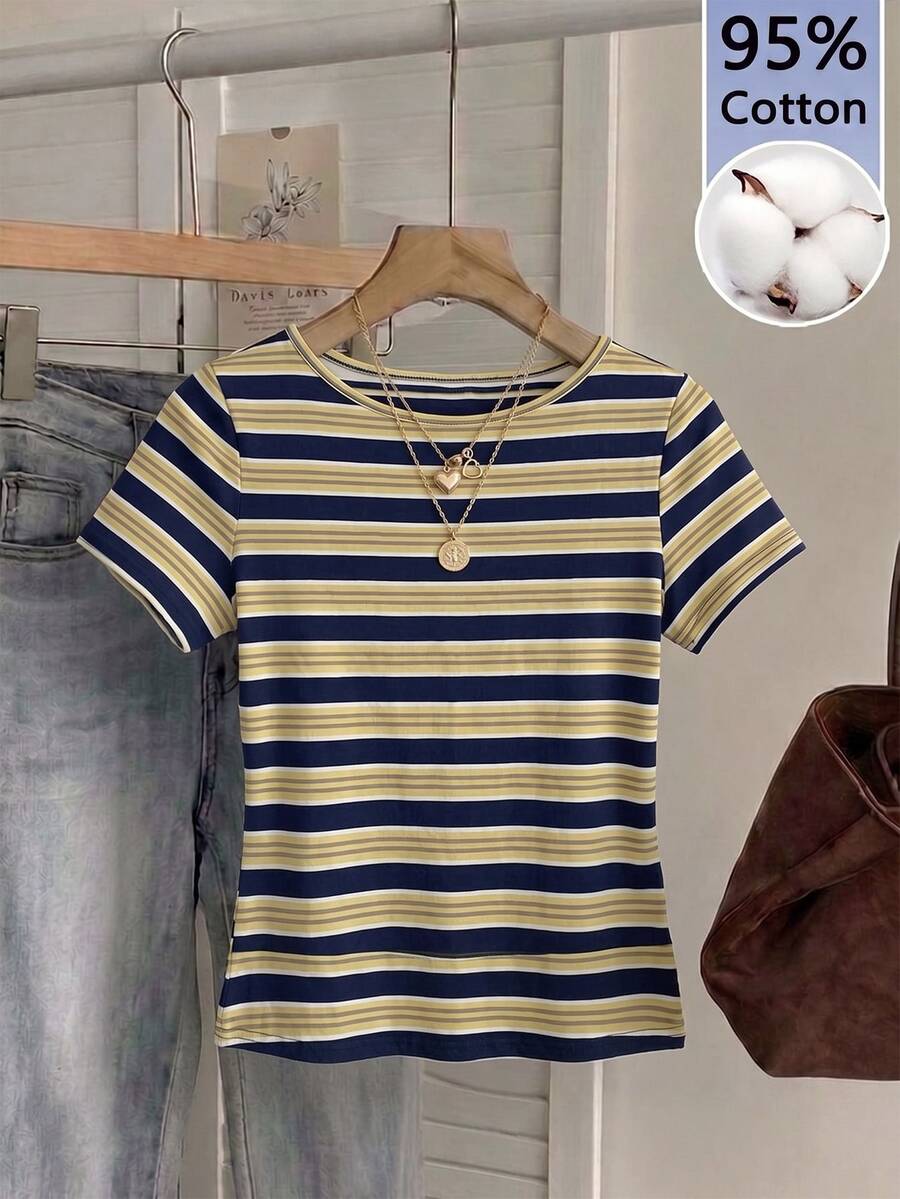 Tseoso Casual Minimalist Sexy Off-Shoulder Colorblock Blue & Yellow Asymmetrical Striped Short Sleeve T-Shirt, Suitable For Spring/Summer, Spring/Summer Outfit, Stripes Make You Look Fairer - Multicolor - View 1
