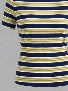Tseoso Casual Minimalist Sexy Off-Shoulder Colorblock Blue & Yellow Asymmetrical Striped Short Sleeve T-Shirt, Suitable For Spring/Summer, Spring/Summer Outfit, Stripes Make You Look Fairer - Multicolor - View 9