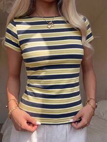 Tseoso Casual Minimalist Sexy Off-Shoulder Colorblock Blue & Yellow Asymmetrical Striped Short Sleeve T-Shirt, Suitable For Spring/Summer, Spring/Summer Outfit, Stripes Make You Look Fairer - Multicolor - View 4