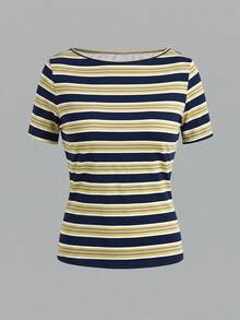 Tseoso Casual Minimalist Sexy Off-Shoulder Colorblock Blue & Yellow Asymmetrical Striped Short Sleeve T-Shirt, Suitable For Spring/Summer, Spring/Summer Outfit, Stripes Make You Look Fairer - Multicolor - View 6