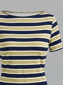 Tseoso Casual Minimalist Sexy Off-Shoulder Colorblock Blue & Yellow Asymmetrical Striped Short Sleeve T-Shirt, Suitable For Spring/Summer, Spring/Summer Outfit, Stripes Make You Look Fairer - Multicolor - View 8