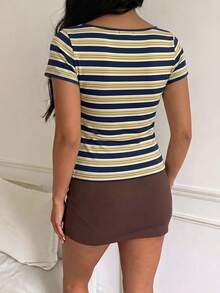 Tseoso Casual Minimalist Sexy Off-Shoulder Colorblock Blue & Yellow Asymmetrical Striped Short Sleeve T-Shirt, Suitable For Spring/Summer, Spring/Summer Outfit, Stripes Make You Look Fairer - Multicolor - View 5