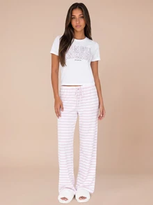 MISSGUIDED TEEN بنطلون بيجامة مخطط بساق واسعة مع خصر مطاطي برباط سحب مريح للاسترخاء والنوم في الربيع والصيف والعطلات - وردي - مشاهدة 3