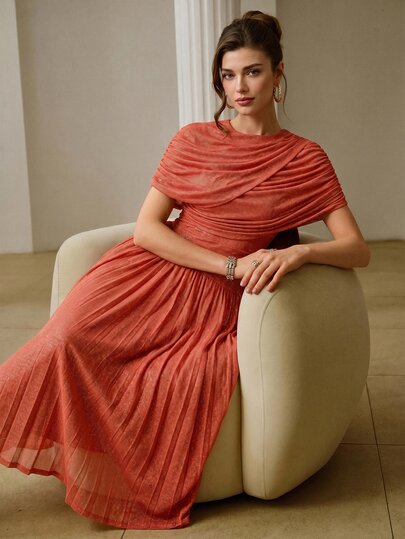 ZEYLAH Women's Solid Color Pleated Elegant Waist-Defining Long Party Dress