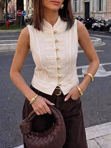 Serisse Women's Fashion Elegant Frog Button Vest Jacket - Apricot - View 3