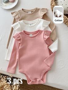 SHEIN LMoss Kids 3件組女嬰秋季純色連身衣 - 彩色 - 查看 3