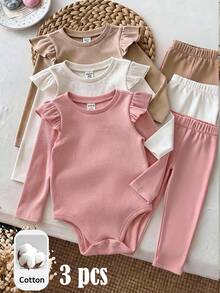 SHEIN LMoss Kids 3件組女嬰秋季純色連身衣 - 彩色 - 查看 1