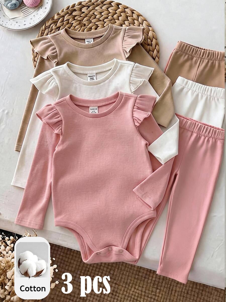 SHEIN LMoss Kids 3件組女嬰秋季純色連身衣 - 彩色 - 查看 1