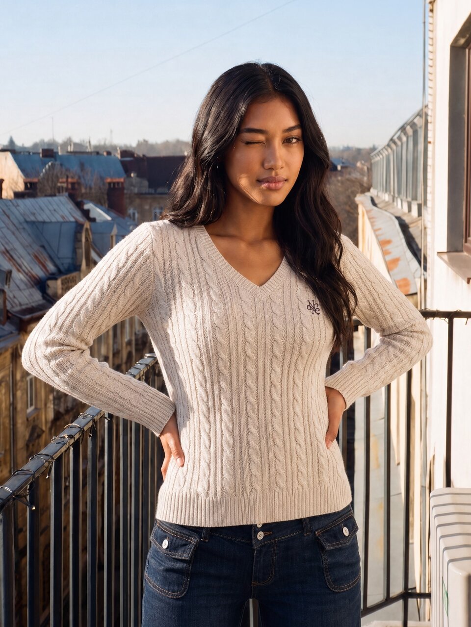 MISSGUIDED TEEN Classic Cable Knit V-Neck Sweater With Small Logo Embroidery Long Sleeve Fitted Pullover Fall Winter Knitwear