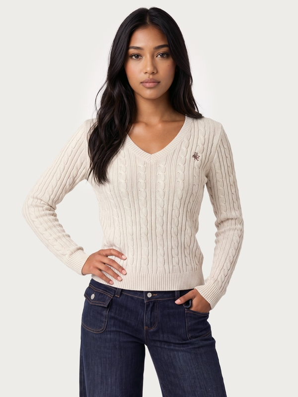 MISSGUIDED TEEN Classic Cable Knit V-Neck Sweater With Small Logo Embroidery Long Sleeve Fitted Pullover Fall Winter Knitwear