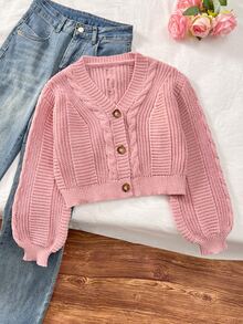 SHEIN 少女白色時尚休閒可愛舒適柔軟極簡百搭優雅 3D 蝴蝶結長袖短版針織開襟毛衣，適合秋冬 - 藕粉色 - 查看 4