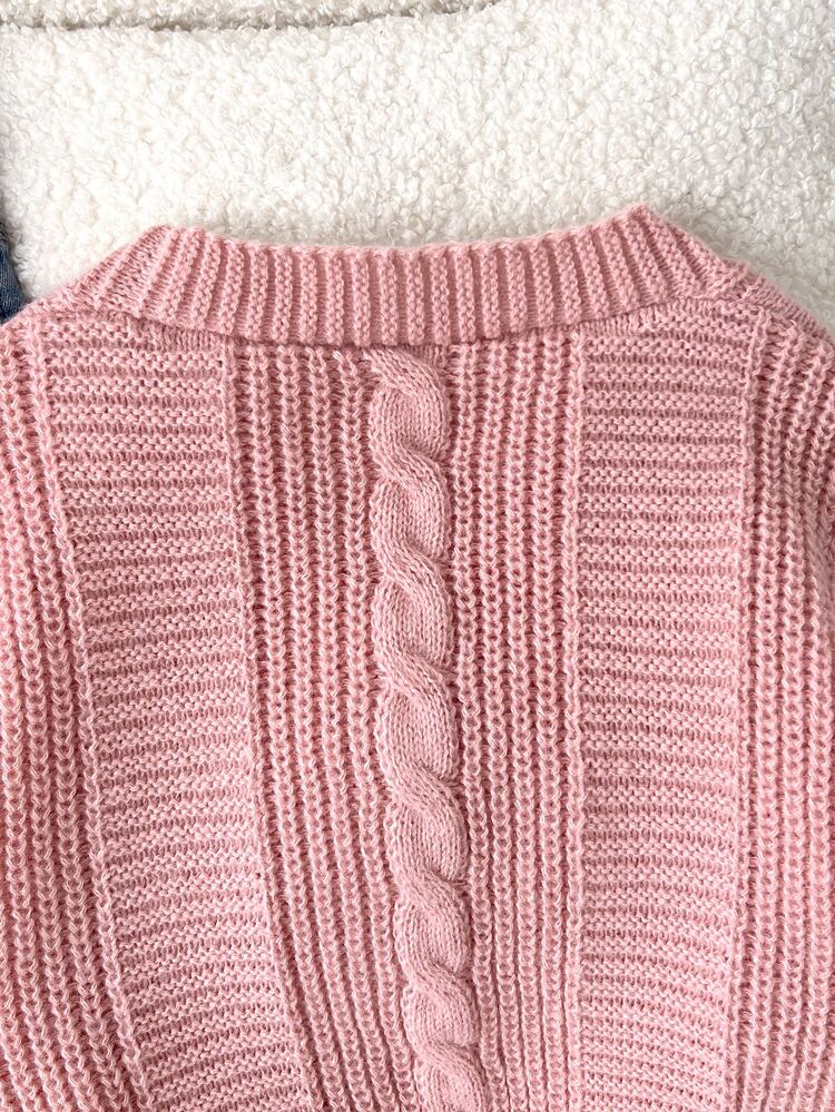SHEIN Cardigan Rajut Pendek Lengan Panjang dengan Pita 3D, Warna Putih, Modis, Kasual, Lucu, Nyaman, Lembut, Minimalis, Serbaguna, Elegan untuk Anak Perempuan Remaja, Cocok untuk Musim Gugur/Dingin - Dusty Pink - View 5