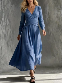 Breezaya Gaun Wanita Lengan Panjang dengan Detail Pinggang, Bahan Bertekstur, Leher V, Warna Biru Tua - Biru - View 2