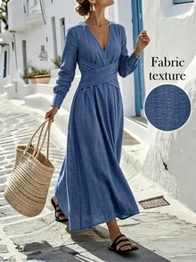 Breezaya Gaun Wanita Lengan Panjang dengan Detail Pinggang, Bahan Bertekstur, Leher V, Warna Biru Tua - Biru - View 1