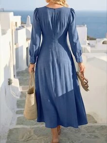 Breezaya Gaun Wanita Lengan Panjang dengan Detail Pinggang, Bahan Bertekstur, Leher V, Warna Biru Tua - Biru - View 3