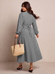 Elaquor 大尺碼女款格紋V領休閒連身裙 1950年代復古 1920年代 90年代 日常秋季優雅日常外出婚禮賓客度假海灘秋季裙 - 黑與白 - 查看 3