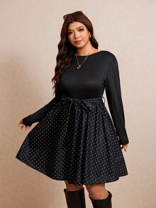 Elaquor Gaun Kasual Wanita Ukuran Besar Lengan Panjang Leher Bulat Motif Polkadot untuk Musim Gugur - Hitam - View 5