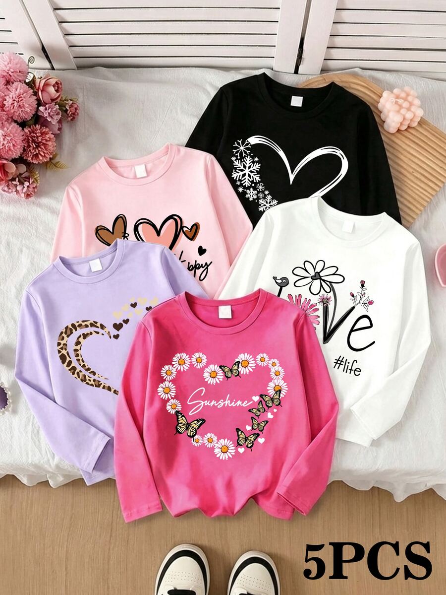 SHEIN 5PCS Young Girls T-Shirts - Multicolor - View 1