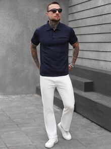 Manfinity CasualCool 男士纯色华夫格纹短袖 Polo 衫，学院风图案，藏蓝色 Polo 衫，男士衬衫，男士休闲上衣，适合日常休闲、周末旅行、户外活动、探险旅行、轻松的工作环境，可作为男友/丈夫礼物、周年纪念/生日礼物、派对、暑假、新年、婚礼、情人节等场合穿着。 - 寶藍色 - 查看 3