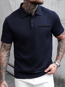 Manfinity CasualCool 男士纯色华夫格纹短袖 Polo 衫，学院风图案，藏蓝色 Polo 衫，男士衬衫，男士休闲上衣，适合日常休闲、周末旅行、户外活动、探险旅行、轻松的工作环境，可作为男友/丈夫礼物、周年纪念/生日礼物、派对、暑假、新年、婚礼、情人节等场合穿着。 - 寶藍色 - 查看 5